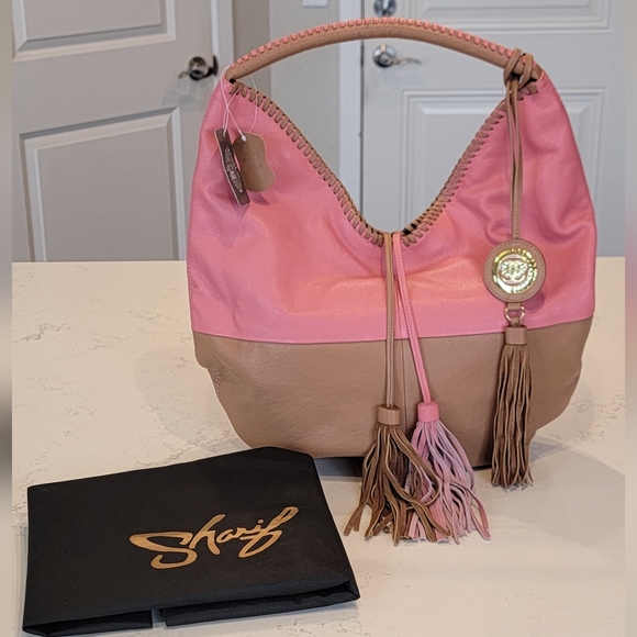 New with Tag Sharif 1825 Genuine Leather Pink Brown Hobo Tassels Shoulder Bag - Picture 8 of 16